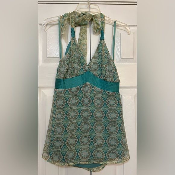 To the Max Tops - To The Max Teal/Cream Halter Top Blouse